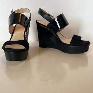 Nine West Dreamz Black Leather and Suede Wedge Sandals (Size 8.5)